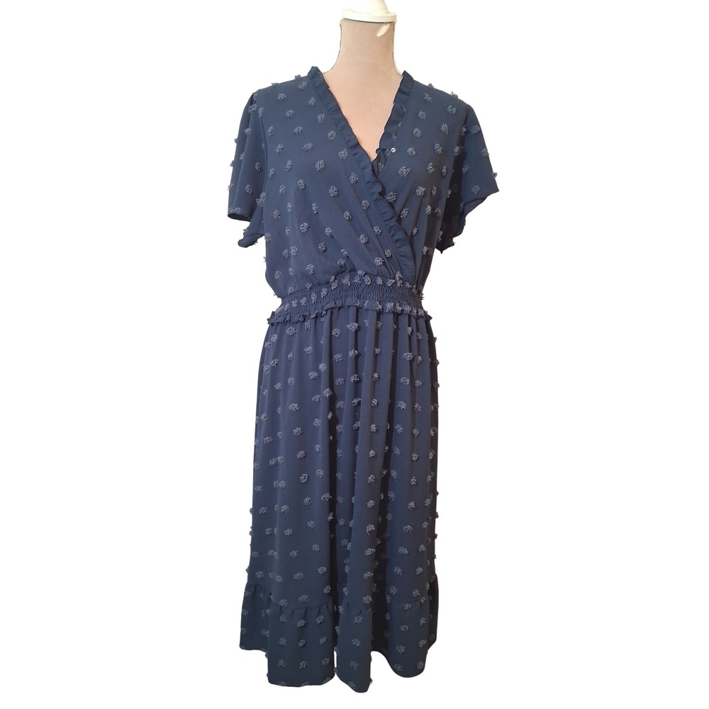 Fashion Blue Swiss Dot Smocked Waist Midi Dress XL Flutter Sleeve Ruffle